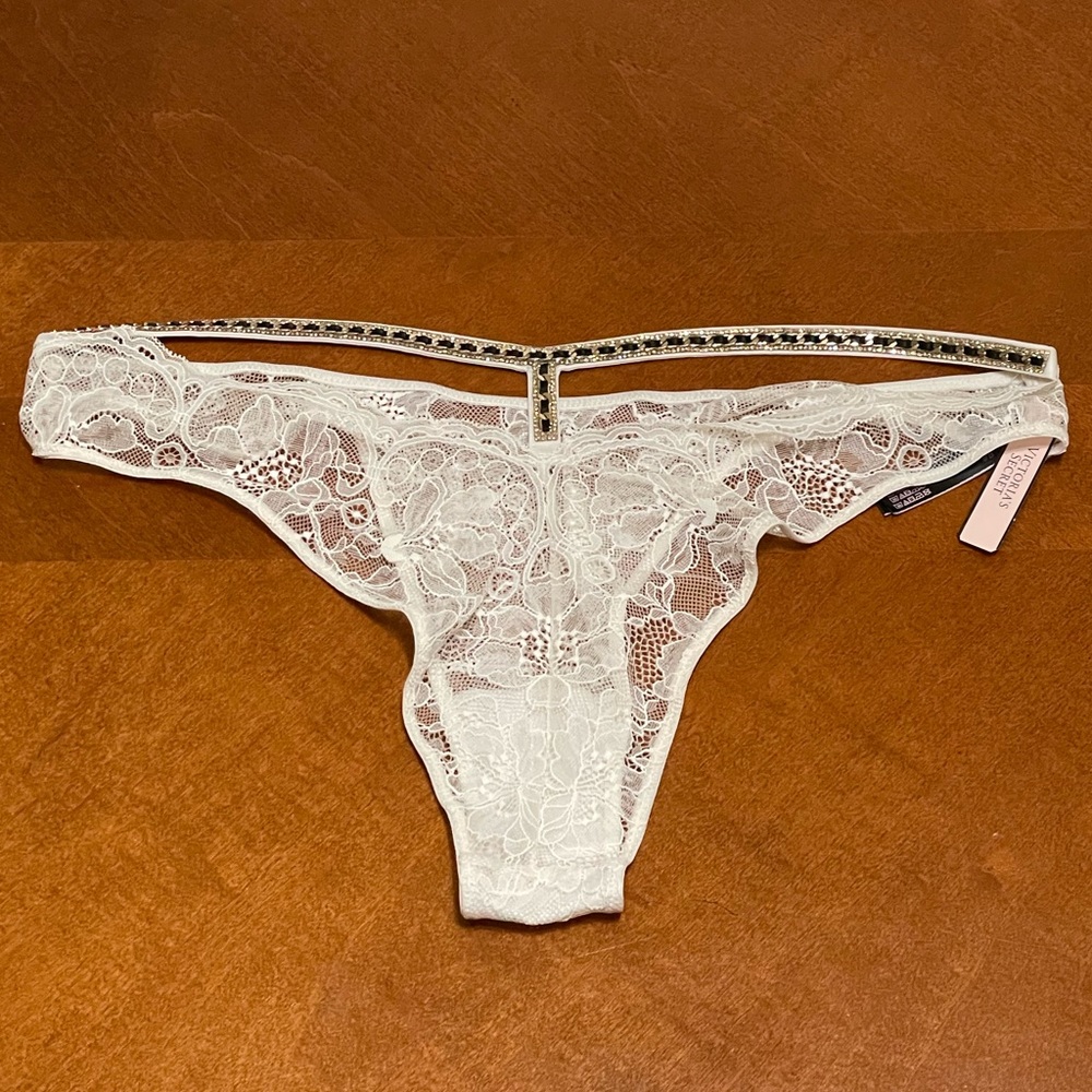 Victoria's Secret Shine Chain Strap White Lace Brazilian Panty Underwear XL NWT